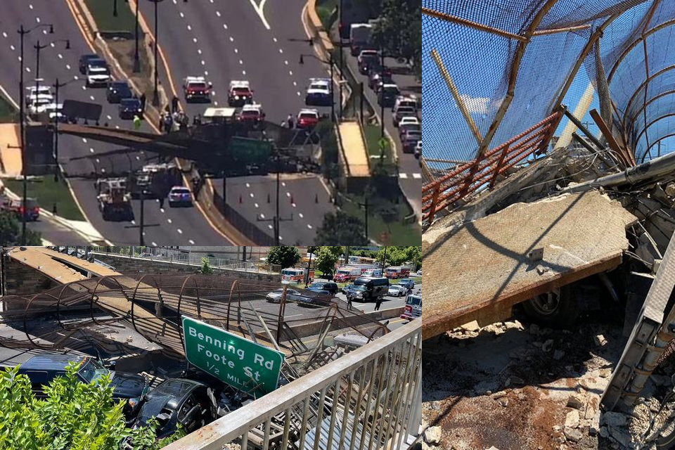 Puente peatonal se derrumba sobre una autopista en Washington